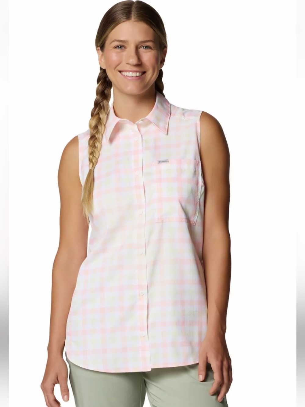 Columbia Women’s Sleeveless Pastel Plaid Button-Down Shirt - Pink & Cream